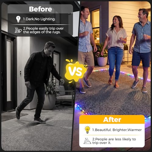 Sumapner Solar LED Rope Light for Outdoor Rugs, 36FT Patio Rug Lights with Warm White & Multicolor, 13 Modes, Solar & USB Rechargeable, Remote Timer, IP67 Waterproof, 24 Rug Clips Included