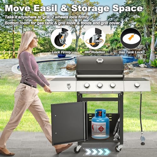 MELLCOM Upgraded 36,000 BTU Stainless Steel Burner Barbecue Grill, 3 Burner BBQ Propane Gas Grill with Cast Iron Grates & Side Stove for Patio, Camping, Outdoor Cooking