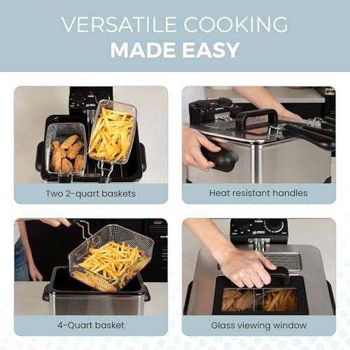 Alpha Living Electric Deep Fryer – 4.5L Deep Fryer with Basket with 2-Quart and 4-Quart Baskets – High-Grade Stainless Steel – Temperature Control and Timer – Ideal for Fried Chicken, Fries