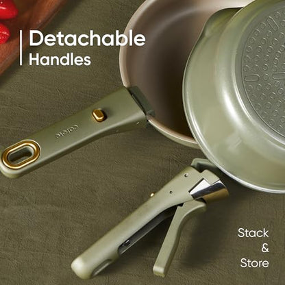 CAROTE 19 Pcs Pots and Pans Set, Nonstick Cookware Sets with Detachable Handle, Titanium Reinforced, Oven Safe, Cookware Non Stick Cooking Set w/Frying Pans & Saucepans Green(PFOS, PFOA Free)