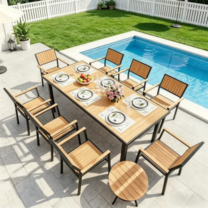 Pamapic 10-Piece Outdoor Dining Set, Patio Aluminum Furniture with Plastic-Wood Table Top & 8 Stackable Chairs, Outdoor Furniture Set for Patio Garden Poolside (Teak)