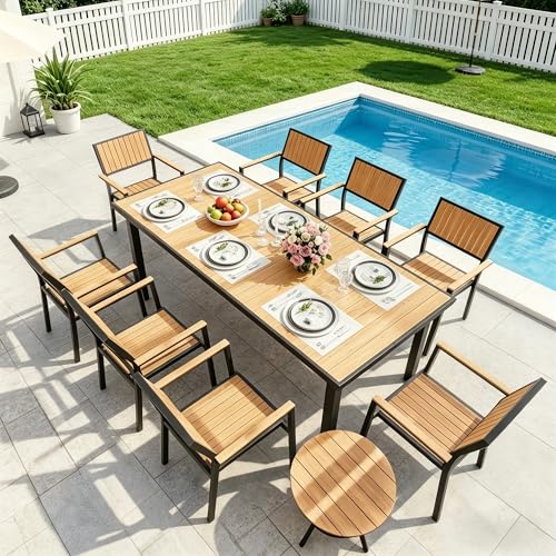 Pamapic 10-Piece Outdoor Dining Set, Patio Aluminum Furniture with Plastic-Wood Table Top & 8 Stackable Chairs, Outdoor Furniture Set for Patio Garden Poolside (Teak)