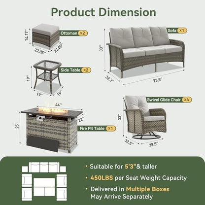 Aoxun 12-Piece Wicker Patio Furniture Set with 44" Fire Pit Table