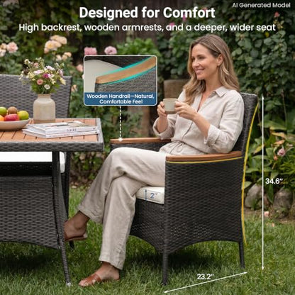 Wisteria Lane Rattan Patio Table and Chairs Set with Acacia Wood Tabletop