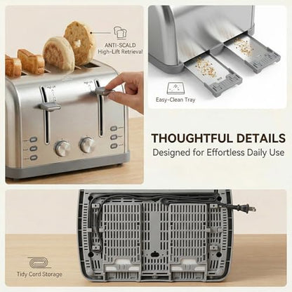 Toaster 4 Slice Retro Stainless Steel,Best Prime 4 Slice Toaster Wide Solt with 7 Shade Settings, Perfect for Waffles, Bagels and More Lainsten T-527