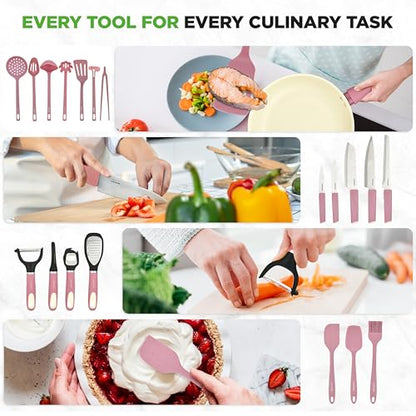 NutriChef 54-Piece Kitchen Cookware Set – Complete Non-Stick Ceramic Pots and Pans Set with Utensils, Bakeware, and Knife Set, Gas, Electric & Induction Compatible, Blush Pink Kitchen Essentials