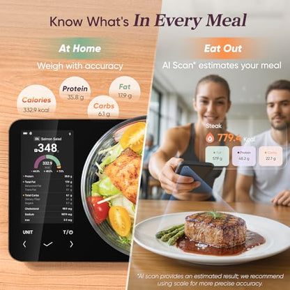 Cosori Smart Food Kitchen Scale with Nutritional Calculator, Free App for AI Scan, Calorie & Macro Tracking, Food Preload, On-Screen Nutrient Info, Personal Goals, Rechargeable, 11 lb / 5 kg