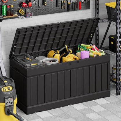 Devoko 78 Gallon Deck Box, Waterproof Resin Outdoor Storage Box for Outside and Patio, Outdoor Storage Bench Lockable for Patio Furniture, Garden Tools and Pool Supplies (Black, 78 Gallon)