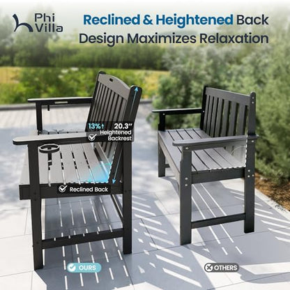 PHI Villa 50 Inches HDPE Outdoor Bench Weatherproof Garden Bench with 700 lbs Capacity, 2-Person Patio Benches for Outside, Park, Yard and Porch, Black