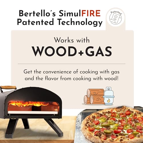 Bertello SimulFIRE Outdoor Pizza Oven Bundle - Wood Fire Portable 12 inch Brick Oven with Gas Burner, Peel, Wood Tray, Cover, & Thermometer - Portable Pizza Maker - As Seen on SHARK TANK