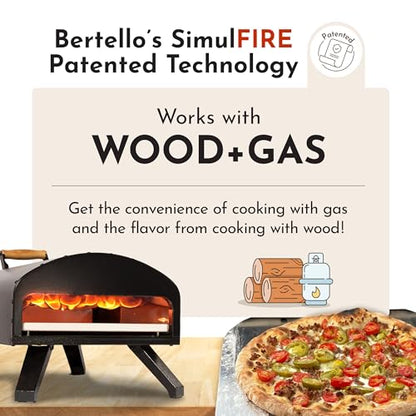 Bertello SimulFIRE Outdoor Pizza Oven Bundle - Wood Fire Portable 12 inch Brick Oven with Gas Burner, Peel, Wood Tray, Cover, & Thermometer - Portable Pizza Maker - As Seen on SHARK TANK