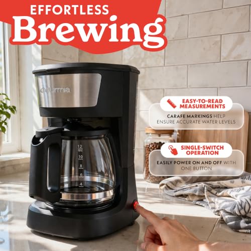 Gourmia 12 Cup One-Touch Coffee Maker – Pause and Serve with Automatic Keep Warm, Easy View Water Window, Compact Design, Stainless Steel Accents, Black