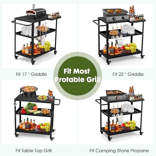 GVGBUK Outdoor Grill Cart Table,Indoor and Outdoor Pizza Oven Table,with 4 Movable Total Lock Casters, Hooks, Side Handle Multifunctional (Black) (Black)