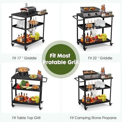 GVGBUK Outdoor Grill Cart Table,Indoor and Outdoor Pizza Oven Table,with 4 Movable Total Lock Casters, Hooks, Side Handle Multifunctional (Black) (Black)