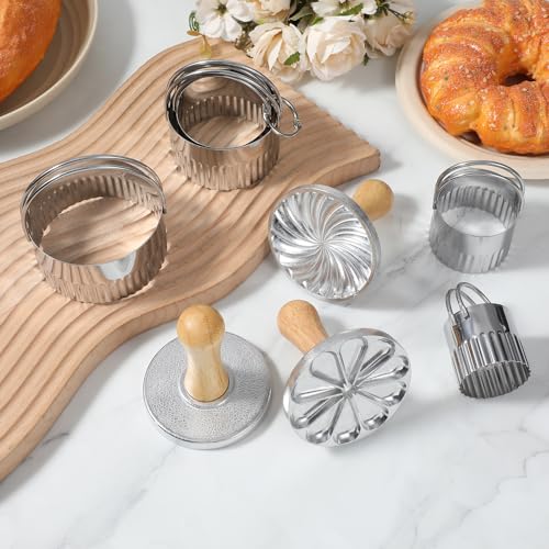 3PCS Aluminum Alloy Cookie Press Embossing Stamps with 5-Piece Round Stainless Steel Fluted Mousse Rings Set, Wood Handle Metal Mold Cutter Tools for DIY Baking Cookies Cakes Pastries Decorating
