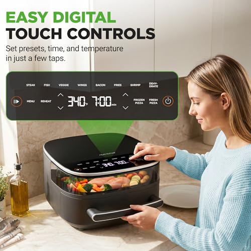 NutriChef 6 Quart Extra Large Air Fryer with 11-in-1 Cooking Presets | Extra-Large Basket Fits Up to 12” Pizza | Adjustable Temperature 450F & Timer Range | Dual Heat Source Technology | Grey