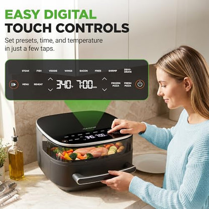 NutriChef 6 Quart Extra Large Air Fryer with 11-in-1 Cooking Presets | Extra-Large Basket Fits Up to 12” Pizza | Adjustable Temperature 450F & Timer Range | Dual Heat Source Technology | Grey