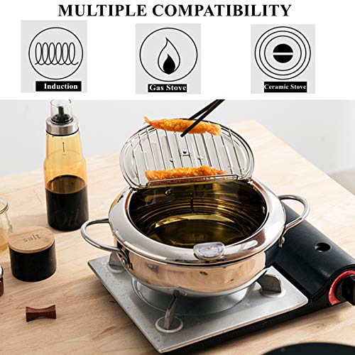 Yopay 304 Stainless Steel Deep Fryer Pot, Frying Chicken Pot, Tempura deep Fryer with a Thermometer and a lid, Japanese Style Tempura Fryer Pan,2.2L