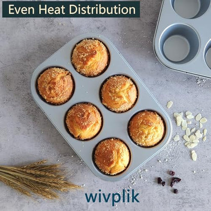 wivplik Nonstick jumbo Muffin Pans 6 Cups，2 Pack Extra Large Cupcake Tins for Baking，Premmium Non-stick Coating for Non-Toxic,Heavy Duty Carbon Steel, 3.5 dia,Deep Muffin Tray