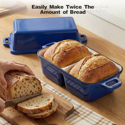 SEFILENCE Double Dutch Oven for Sourdough Bread Baking,Enameled Cast Iron Dutch Oven with Lid,Double-Chamber Square Mini Sourdough Loaf Pan for Homemade Bread,Dark Blue(Patent Has Been Applied for)