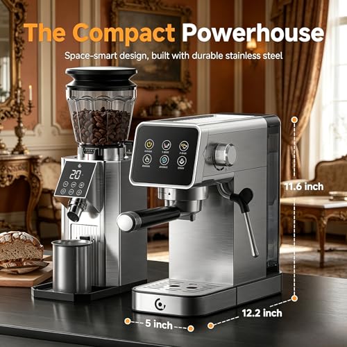 AMZCHEF Espresso Machine 20 Bar, Easy-to-Use Compact Coffee Maker with LED Touchscreen, Self-Cleaning & Milk Frother, Perfect Coffee Starter for Beginners, Lattes and Cappuccinos Machine