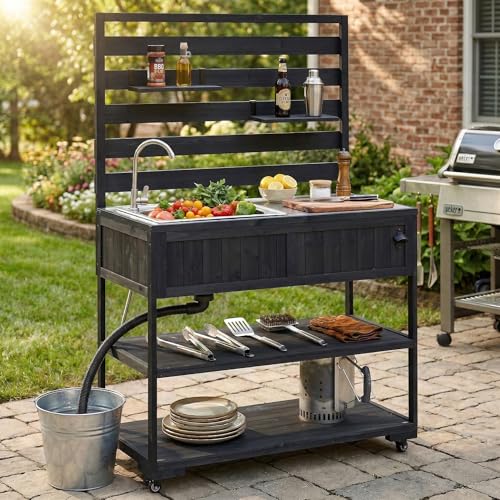 Eailaveo 41.7'' Large Patio Rolling Kitchen Island,Solid Wood Kitchen Cart with Sink,Garden Potting Bench with Stainless Table Top,2 Movable Shelves and 1 Bottle Opener (Black-RK)