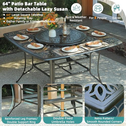 MEETWARM 10-Piece Outdoor Bar Set, All Weather Cast Aluminum High Patio Dining Set with 8 Cushioned Swivel Bar Stools, Large 64" Square Patio Bar Height Table with Detachable Lazy Susan, Umbrella Hole