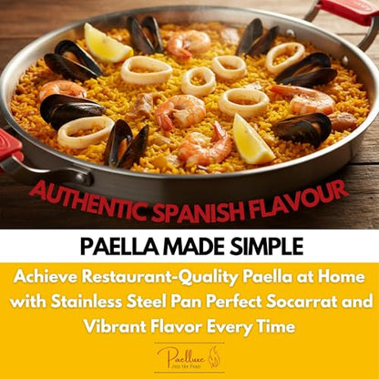 Paelluxe 13 Inch Tri-Ply Stainless Steel Paella Pan with Lid for 6 Servings - Includes Hot Handle Holders - Induction, Oven and Dishwasher Safe Skillet, Indoor Outdoor Cooking Cacerola Paellera Sarten