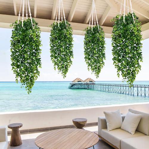 Waipfaru 4Pcs Fake Hanging Plants 2.7ft Fake Plants Eucalyptus Leaves UV Resistant Fake Vines Ivy Artificial Plants Outdoor Faux Plants Indoor Bedroom Living Room Boho Wall Porch Shelf Decor