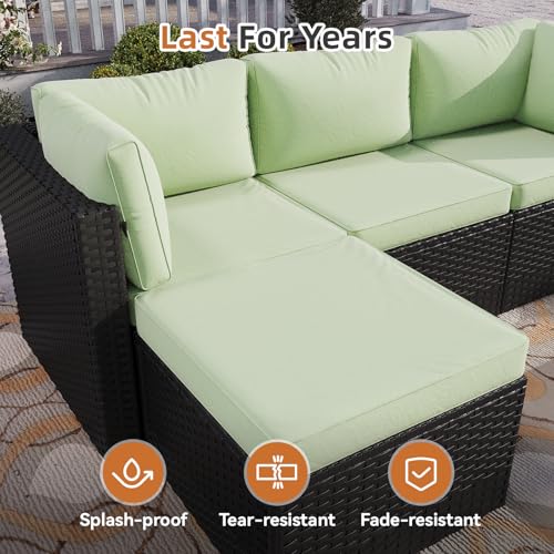 Aoxun Patio Furniture Set 5-Piece, Outdoor Sectional Sofas with Washable Cushion, Wicker Rattan Patio Conversation Sets for Backyard Porch and Poolside, Mint Green