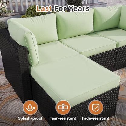 Aoxun Patio Furniture Set 5-Piece, Outdoor Sectional Sofas with Washable Cushion, Wicker Rattan Patio Conversation Sets for Backyard Porch and Poolside, Mint Green