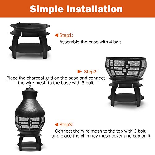 Giantex Wood Burning Chiminea, Heavy Duty Fireplace Chiminea Wooden Fire Pit with 2-Piece Log Grate, Premium Rain Cap & Fire Poker, 360°Fire Retardant Mesh Cover, Ideal for Garden, Patio, Backyard