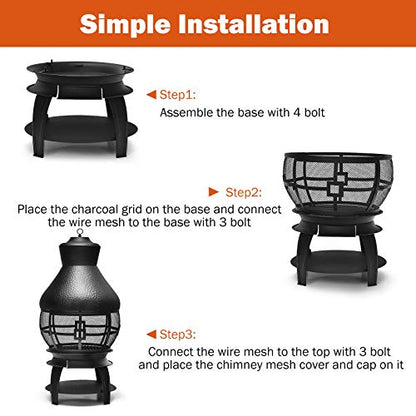 Giantex Wood Burning Chiminea, Heavy Duty Fireplace Chiminea Wooden Fire Pit with 2-Piece Log Grate, Premium Rain Cap & Fire Poker, 360°Fire Retardant Mesh Cover, Ideal for Garden, Patio, Backyard