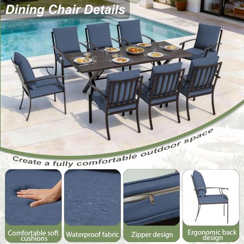 ASJMR 10 Piece Outdoor Dining Table and Chairs for 8, Rectangular Patio Dining Table with 14 Ft Patio Umbrella with 8 Fixed Dining Chairs with Cushions, Lawn Garden Outdoor Table and Chairs-Navy