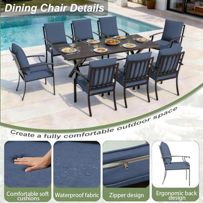 ASJMR 10 Piece Outdoor Dining Table and Chairs for 8, Rectangular Patio Dining Table with 14 Ft Patio Umbrella with 8 Fixed Dining Chairs with Cushions, Lawn Garden Outdoor Table and Chairs-Navy