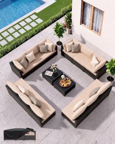 LAWNOOK Patio Furniture Set - All-Weather - 14 Piece Patio Outdoor Conversation Set, Modular Wicker Rattan Sectional Sofa for Backyard, Garden, Poolside, Balcony, Porch, Patio, Brown/Khaki