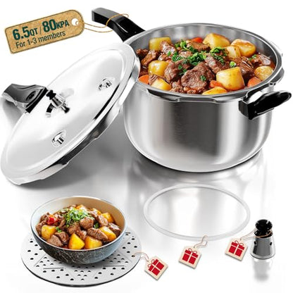WantJoin Pressure Cooker Stainless Steel 6.5 Qt, Commercial Stove Top Pressure Cooker Pot Used for Pressure Foodie or Steaming, Compatible with Gas & Induction Cooker