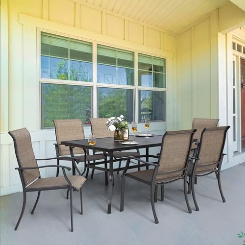 NUU GARDEN 7 Pieces Patio Dining Set, All-Weather Outdoor Furniture with 6 Textilene Dining Chairs and 61" Rectangle Metal Dining Table with Umbrella Hole for Patio Deck Garden, Black and Brown