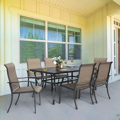 NUU GARDEN 7 Pieces Patio Dining Set, All-Weather Outdoor Furniture with 6 Textilene Dining Chairs and 61" Rectangle Metal Dining Table with Umbrella Hole for Patio Deck Garden, Black and Brown