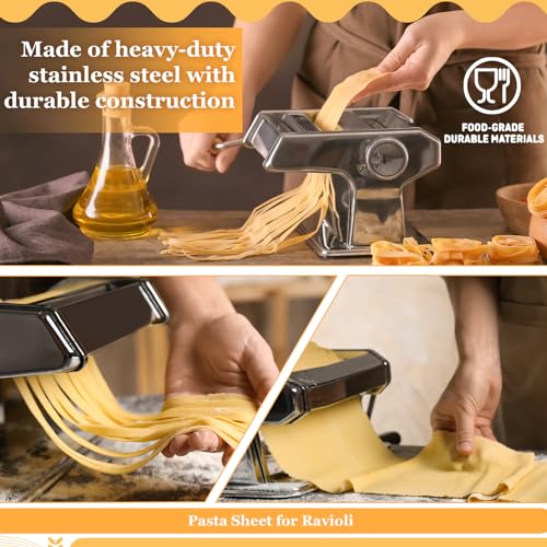 Hushee 8 Pcs Pasta Maker Machine Set Including Stainless Steel Noodle Maker Machine Wood Pasta Drying Rack Ravioli Stamp Maker Cutter with Pasta Cutter Wheel Mini Rolling Pin Cleaning Brush