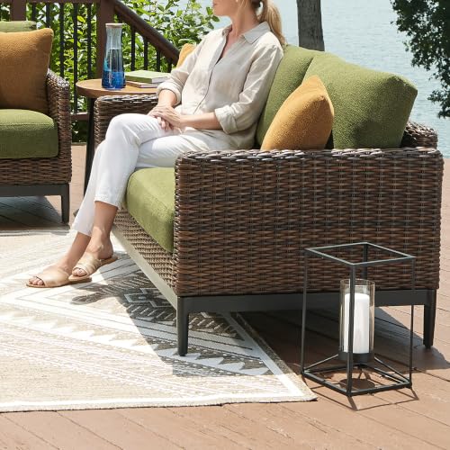 Signature Design by Ashley Horizon Hall Casual Outdoor Loveseat with Cushion, UV-Resistant Nuvella Fabric, Resin Wicker & Aluminum Frame, Ideal for Deck or Lanai Furniture, Green & Dark Brown