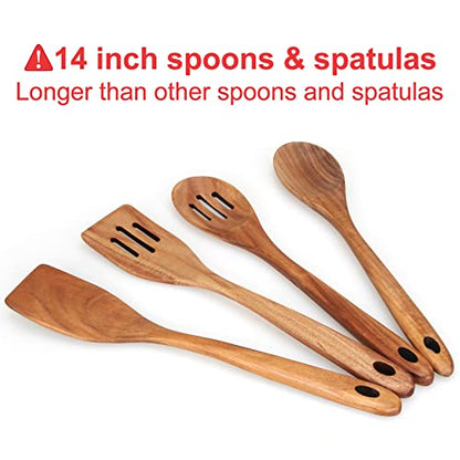 4-Piece 14" Large Wooden Utensils Set for Cooking Spatula Long Handled Slotted Spoon Non-Stick Utensil Slotted Turner Mixing Spoons with Hole Best Wood Kitchen Spatula Stirring Serving Spoons