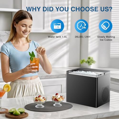 Countertop Ice Makers Machine, Portable Ice Machine Producing 9 Ice Cubes Within 6 Mins, Bullet Ice Available in Two Sizes(S/L), Compact Mini Ice Maker Appliance for Home Kitchen Camping （Ebony）