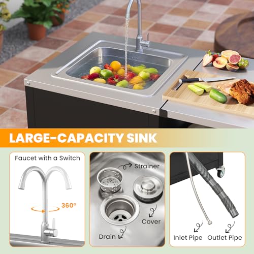 Happygrill 80” Outdoor Grill Table with Sink & Drainage, Heavy Duty Metal Grill Cart w/Cabinet & Removable Stainless Steel Top, Portable Prep Cooking Table w/Wheels for BBQ, Patio, Camping & Backyard