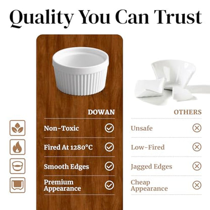 DOWAN 8 oz Ramekins Oven Safe for Creme Brulee, Souffle Dish Baking Bowls, Custard Cups for Pudding Dips Sauce Dessert Yogurt Ice Cream, Ceramic Ramiken Set of 6, Soft White