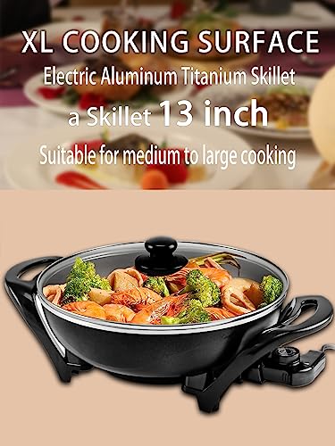 Electric Wok With Lid Nonstick - Electric Skillet Serves For 6 People, Portable Countertop Cooking Wok, 5-Dial Temperature Control, 13inch, Black