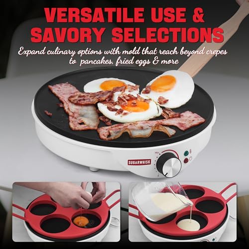 SugarWhisk Crepe Maker Electric, Crepe Pan 12 Inch with 5 X 4” Silicone Molds, Pancake Maker Machine for Pancakes & Tortilla & Fried Eggs, Batter Spreader & Spatula Included, White