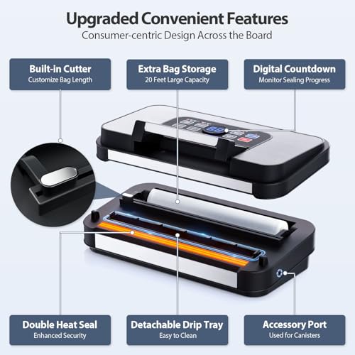 95Kpa Precision Pro Vacuum Sealer, with Double Heat Seal & Dual-Pump for Dry/Moist Food, 2X Strength, Food Vacuum Sealer Machine, Silver-Grey
