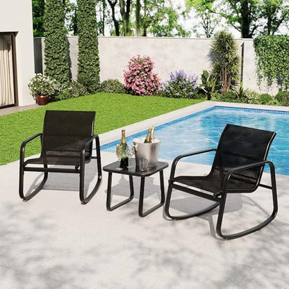 Garvee 3 Piece Outdoor Rocking Bistro Set, Textilene Fabric Small Patio Furniture Set with Iron Armrests and Coffee Table for Lawn, Porch, Balcony, Poolside