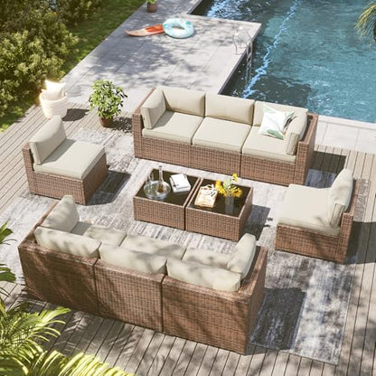 LazySunsets 10 Piece Outdoor Patio Furniture Set with Coffee Table, Outdoor Patio Furniture Sets with Thicken Cushion, Wicker Rattan Outdoor Conversation Set for Backyard & Garden, Beige